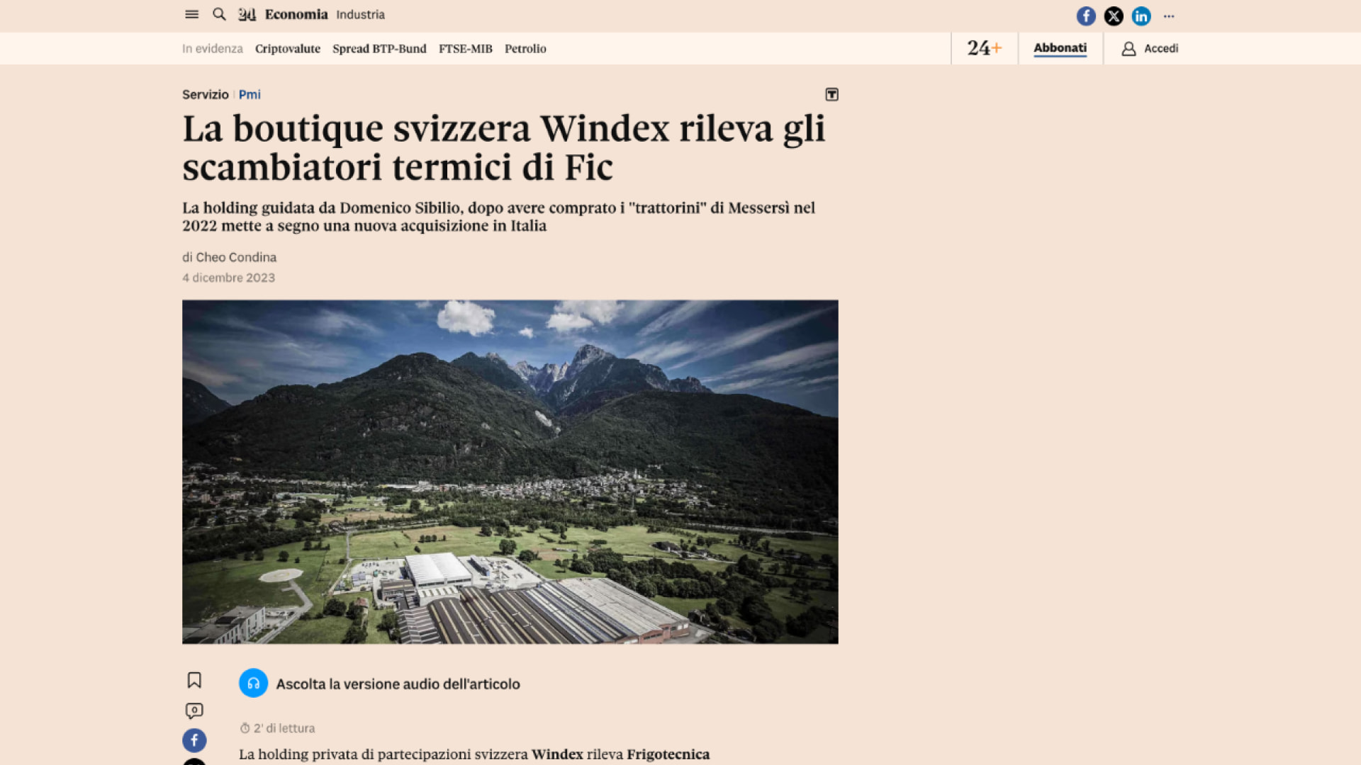La boutique svizzera Windex rileva gli scambiatori termici di Fic