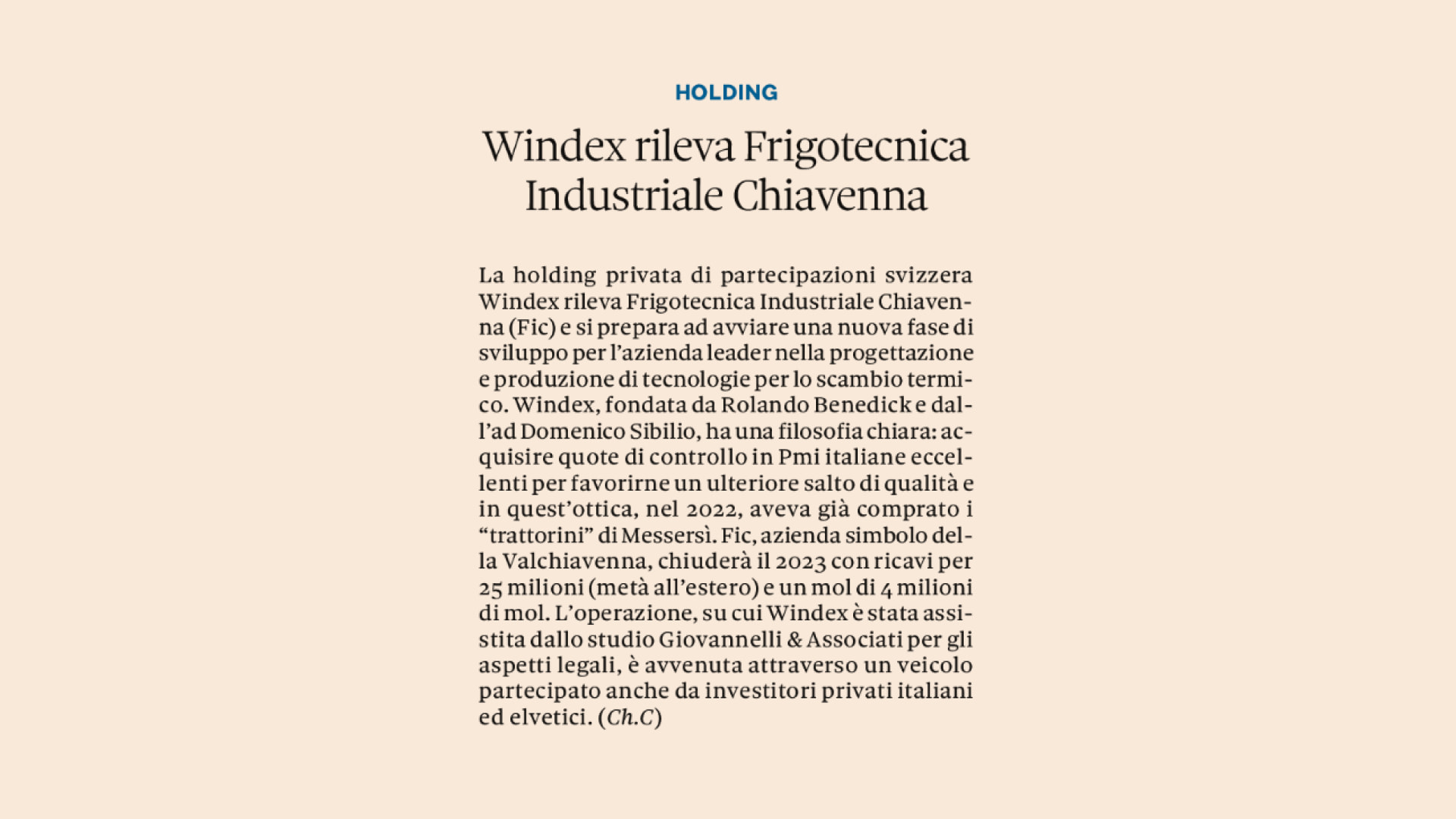 Windex rileva Frigotecnica Industriale Chiavenna