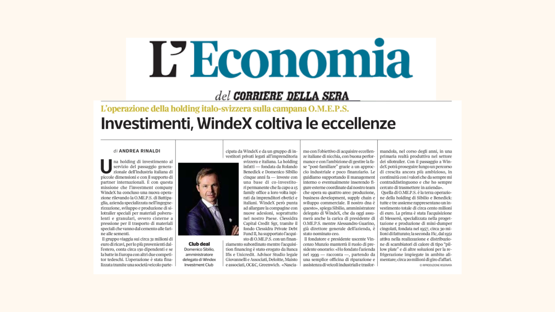 L'Economia del Corriere announces Windex’s acquisition of O.ME.P.S
